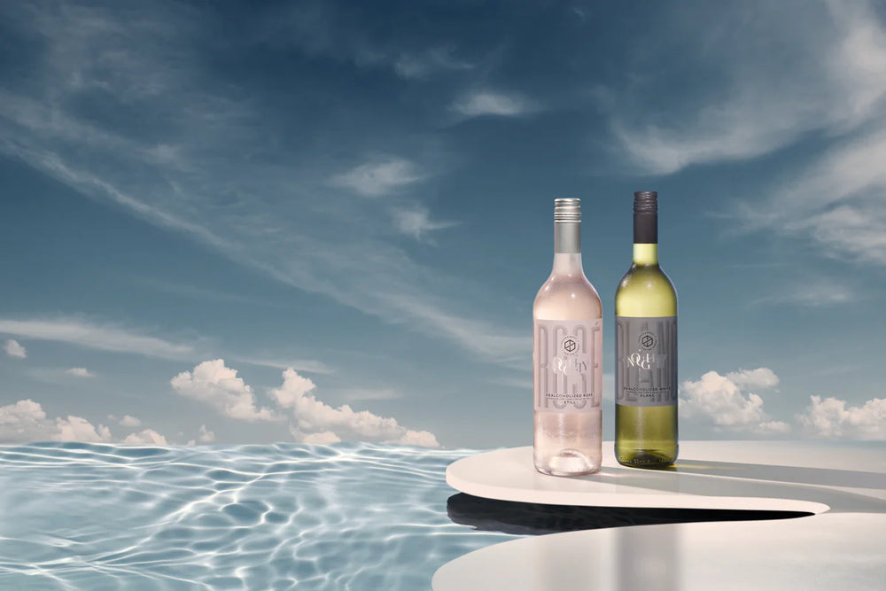 Bottles of Thomson & Scott Noughty dealcoholized rosé and dealcoholized blanc displayed on a curved white surface beside blue water below blue sky with wispy white clouds